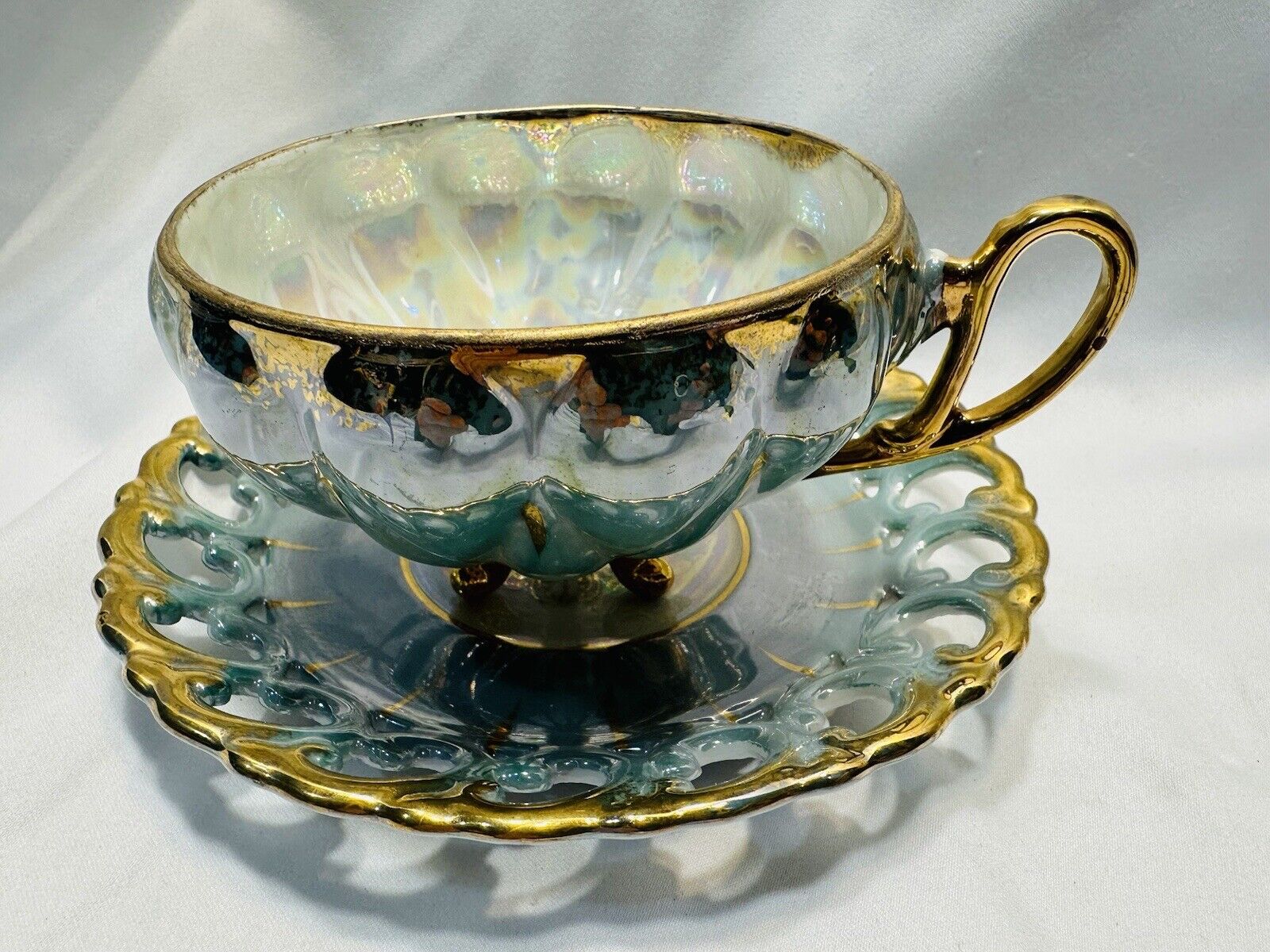 Vtg Royal Sealy China Turquoise Pearlescent Footed Pierced Gold Tea Cup Saucer