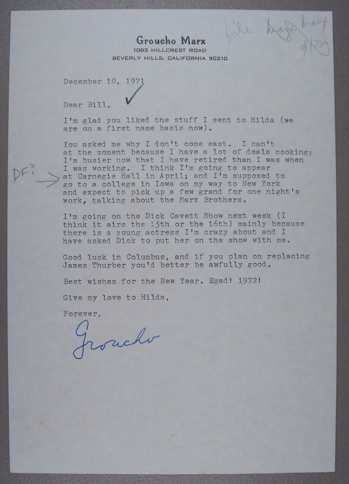 1971 Groucho Marx Signed Autograped Auto Letter to His Publisher Superb Content