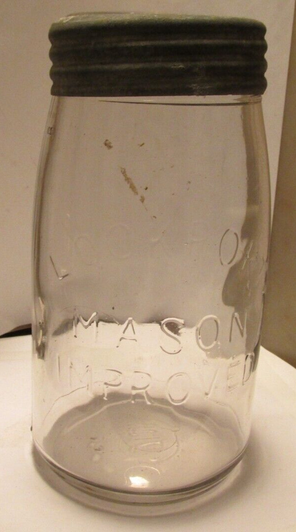 antique fruit jar quart Lockport  Mason improved  zinc screw band