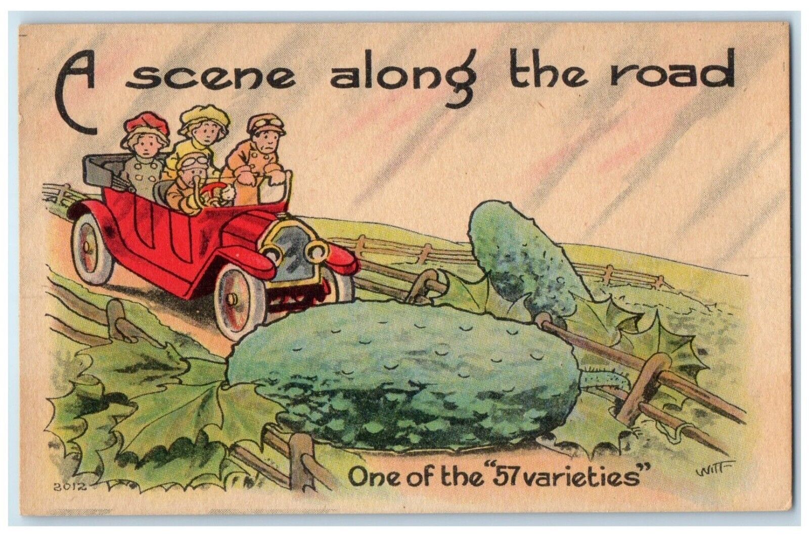 c1910\'s Exaggerated Cucumber Scene Along The Road Car Unposted Antique Postcard
