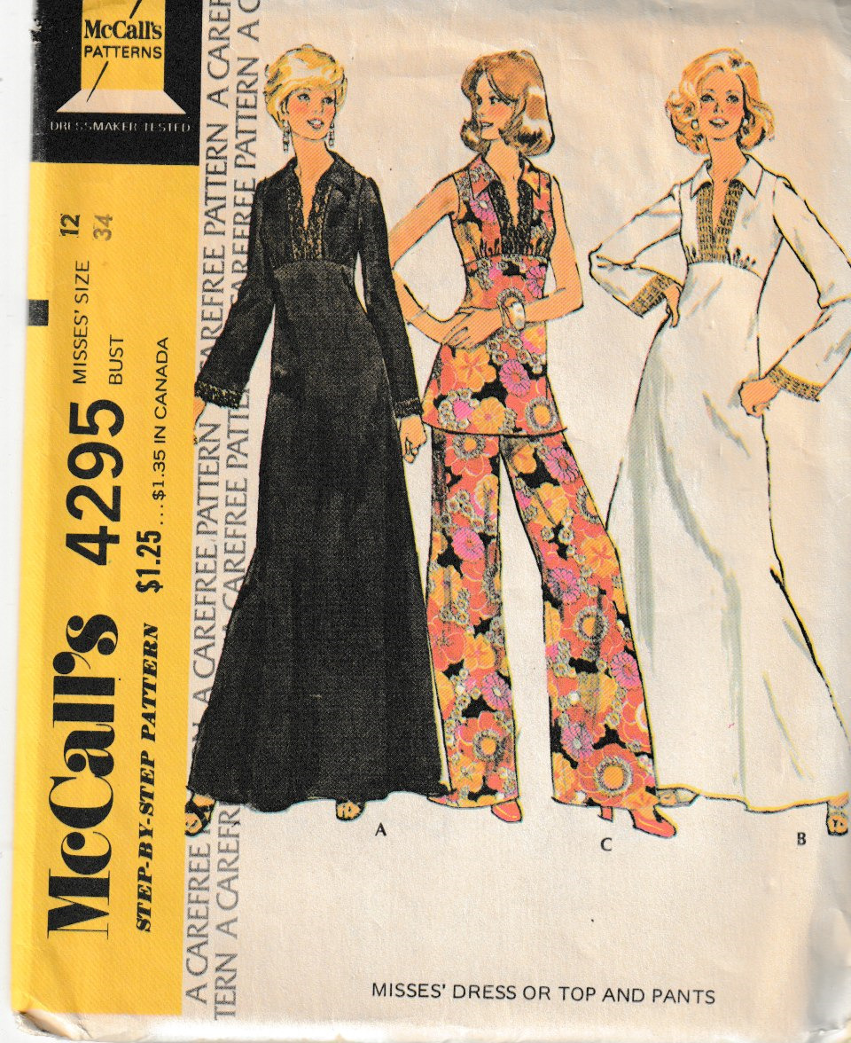 McCall's Pattern 4295 c1972 Misses Caftan & Pant Suit, Size 12
