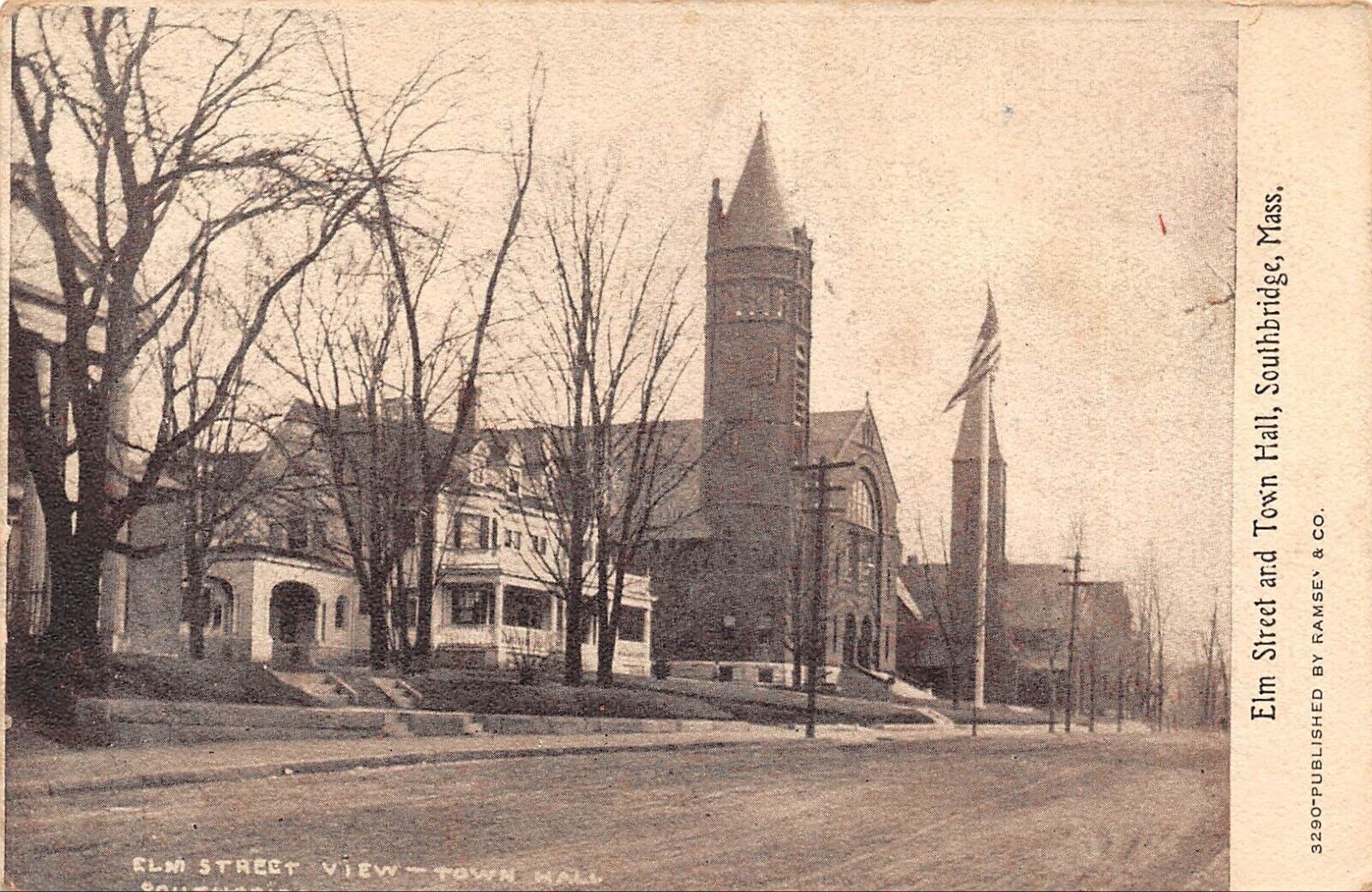 Massachusetts MA Southbridge Elm Street and Town Hall Postcard 5474