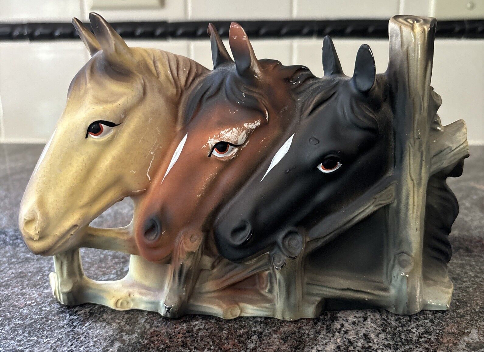 Vintage Three Horses Wall Pocket Ceramic Bradley Exclusives Horse Heads Cowboy