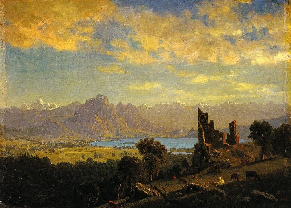 Oil painting Scene-in-the-Tyrol-Albert-Bierstadt-oil-painting sunset landscape