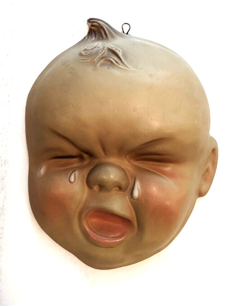 1940\'S LARGE CRYING PAINTED CHALKWARE BABY HEAD WALL HANGING 9 x 7 INCHES