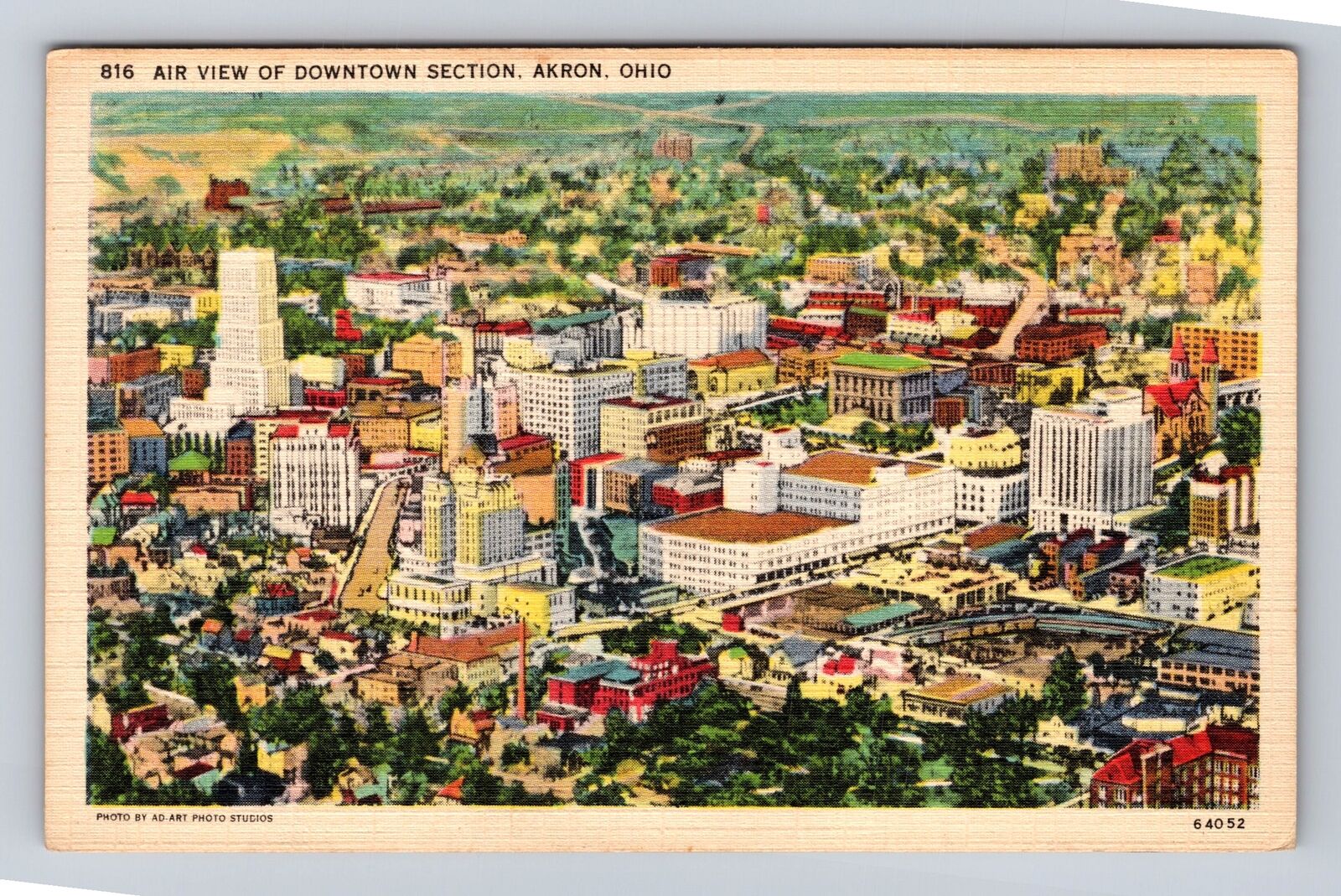 Akron OH-Ohio, Aerial Of Downtown Section, Antique, Vintage Souvenir Postcard