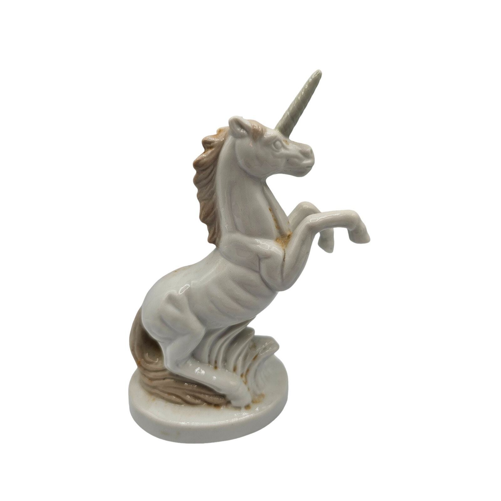 Vintage 1990s Porcelain Unicorn Figurine Cream Beige Rearing Y2K