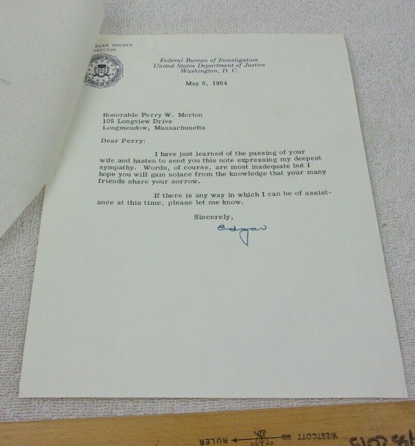 J Edgar Hoover FBI Department of Justice 1964 letter typed signed autograph