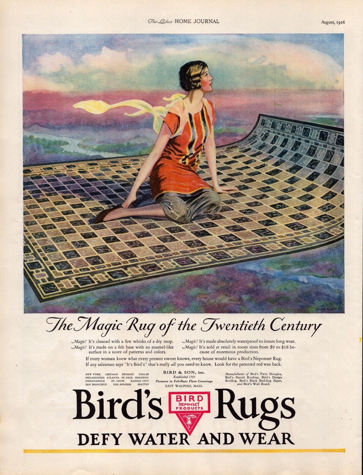 1926 BIRD\'S RUGS Flooring Magic Carpet Art Décor 20\'s Vintage Print Ad