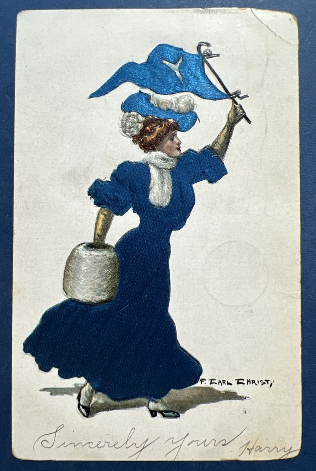 Blue Silk University Lady Antique Postcard.EMB.Artist:Christy. PUBL:Illustrated