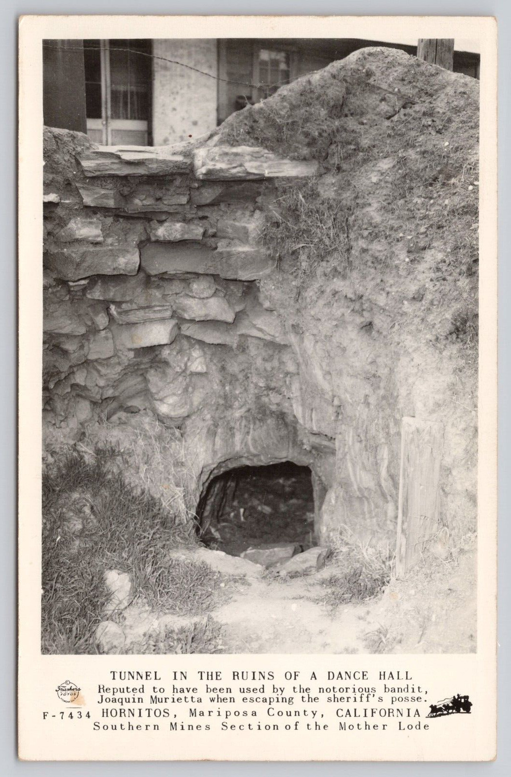 Postcard tunnel in the ruins of a Dancehall, Hornitos, California RPPC
