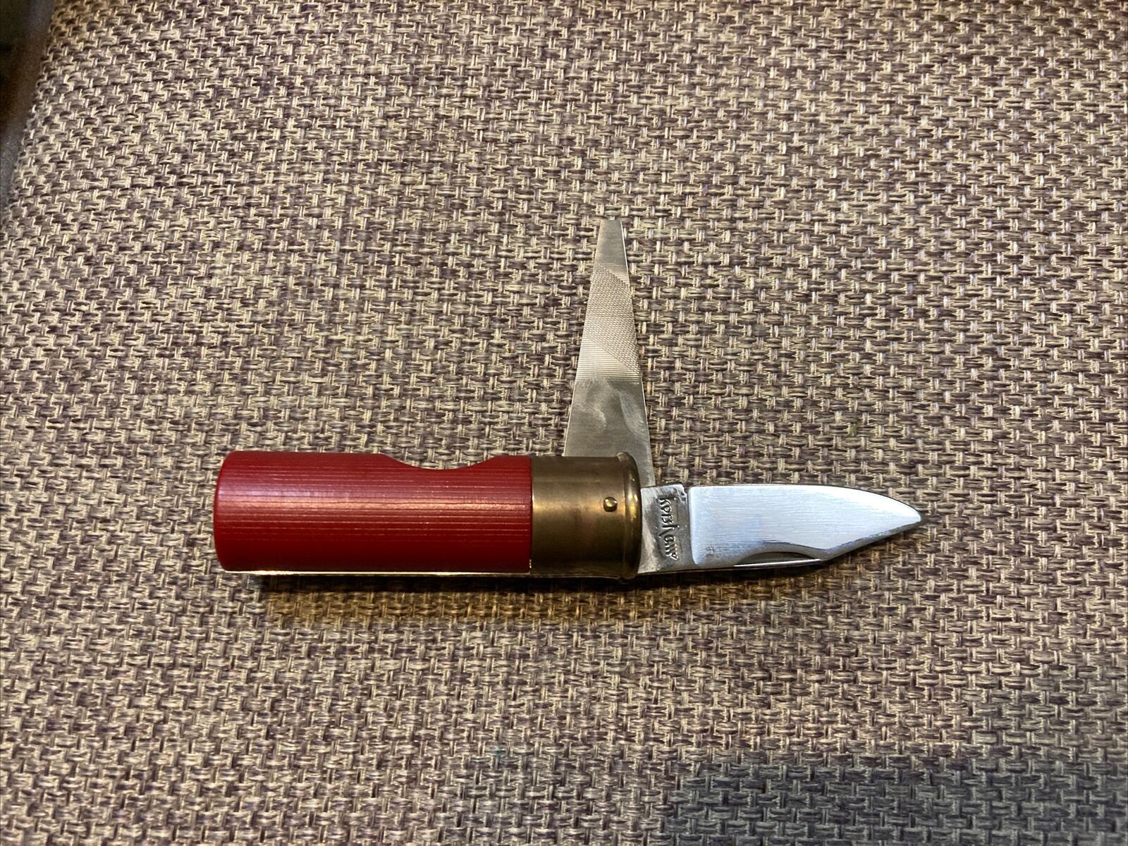 Vintage Kershaw Folding Knife 12 GA Shotgun Shell Red Delrin Handle Japan