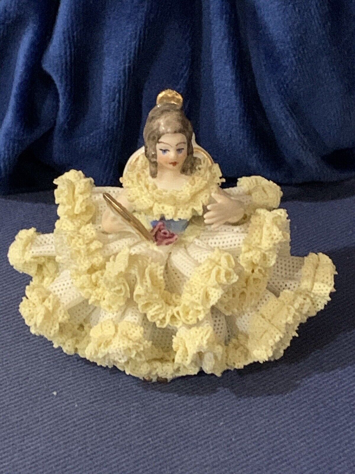 Vintage Irish Dresden Porcelain Figurine Lady In Chair Yellow Lace Dress 3”