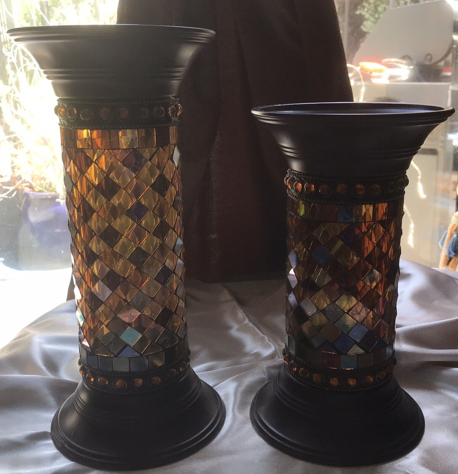 Partylite Mosaic Global Fusion 9 & 11” Pillar Candle Holders Set Of 2 Pre-owned