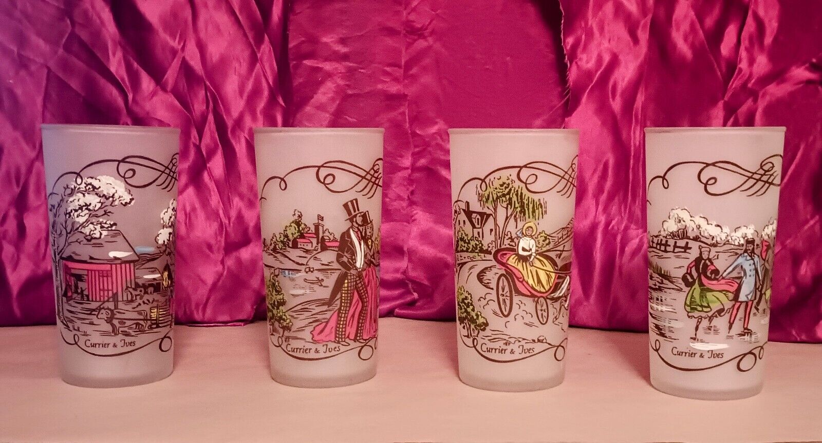 Set of 4 1950s Currier & Ives Scenic Frosted Drinking Tumblers Glasses