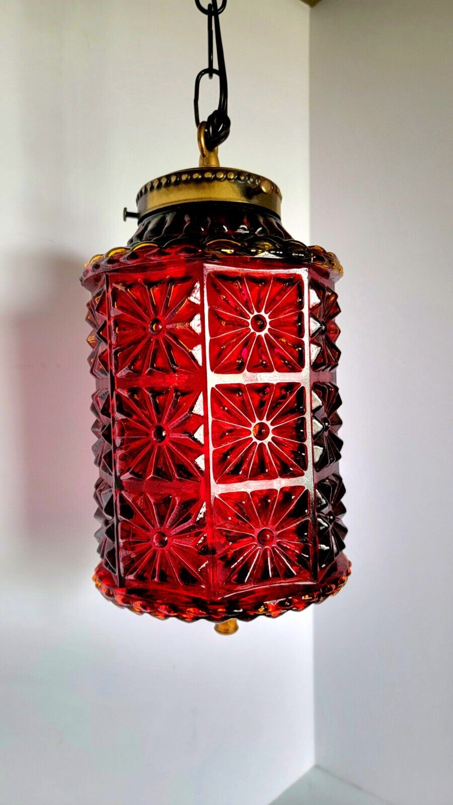 Vtg Mid Century Red Starburst Glass SWAG Lamp Light Pendant