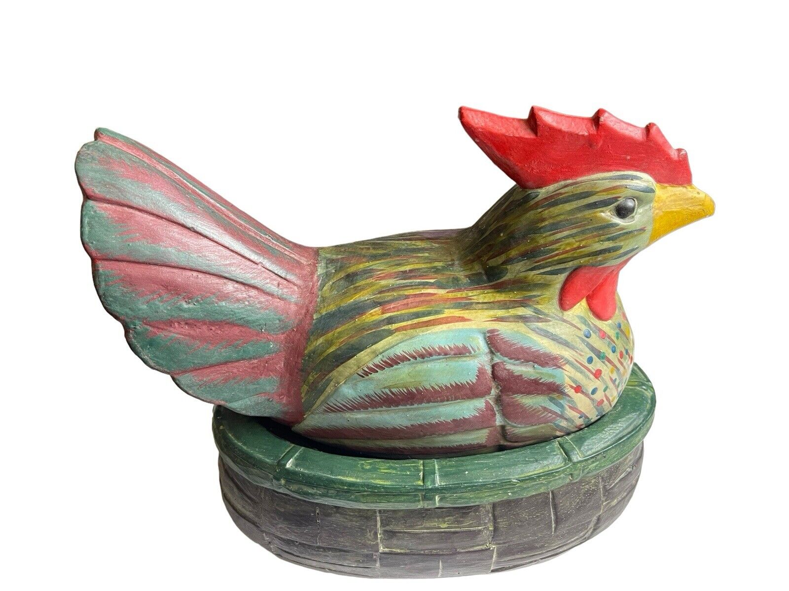 Vintage Rooster Statue Hand Carved And Painted Wood Figure Hen Chicken
