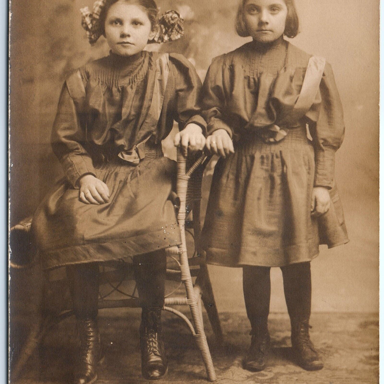 c1910s Rewey, Wis. Cute Little Girls RPPC Adorable Dress Hair Bow Photo A156