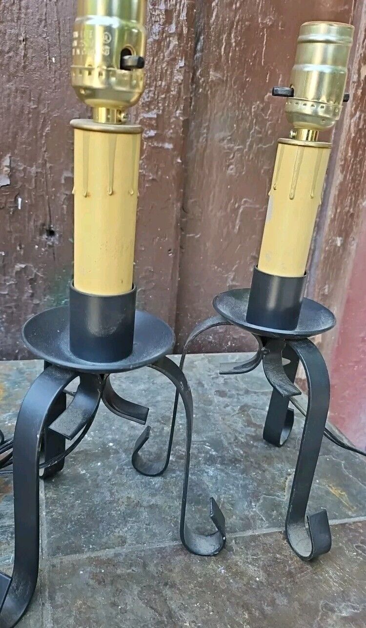 TRUE VINTAGE wrought Iron 3 Legged Candlestick Accent Lamps PAIR 14x7 Primitive 