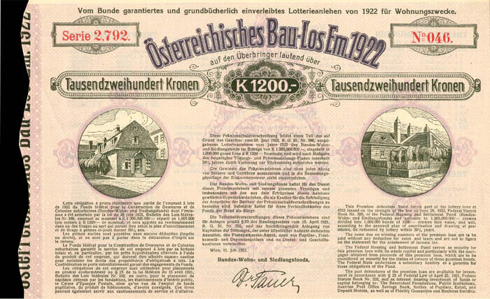 Austrian Bond - 300 or 1200 Kronen - Foreign Bonds