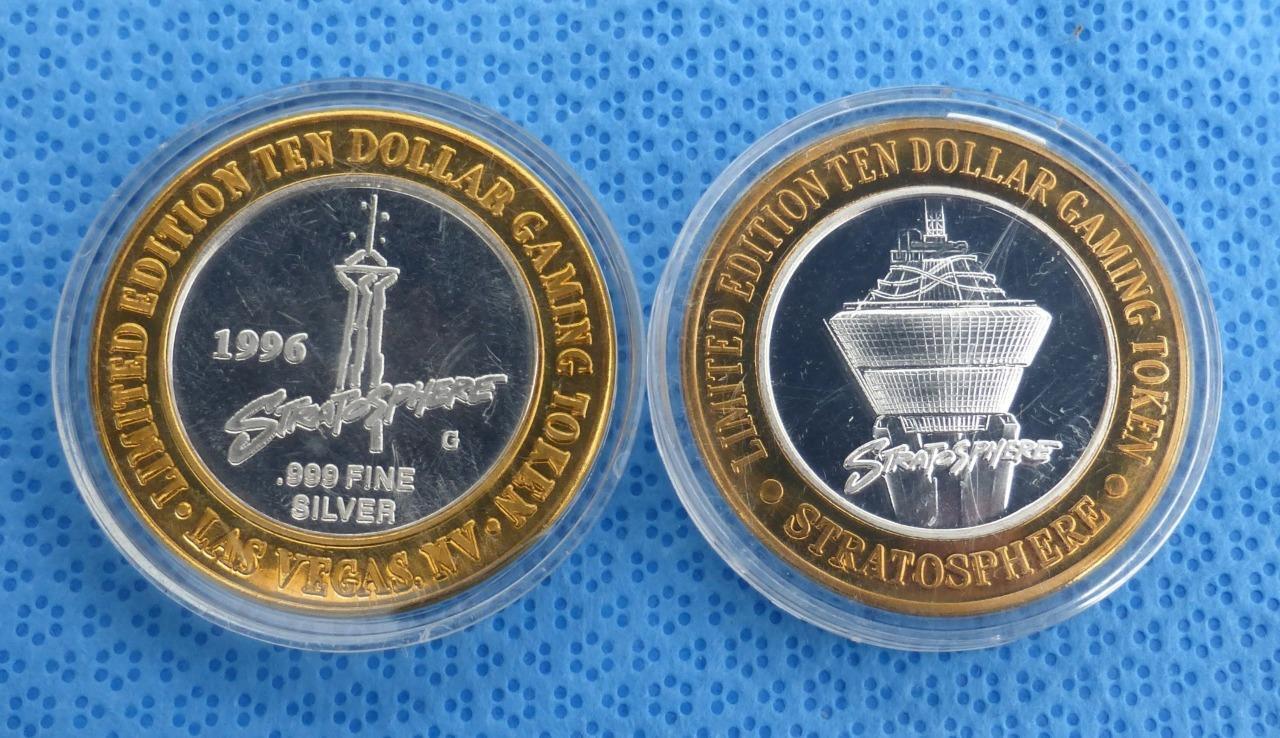 2 Stratosphere Las Vegas $10 Casino Gaming Tokens, .999 Fine Silver, 1996 & 2000