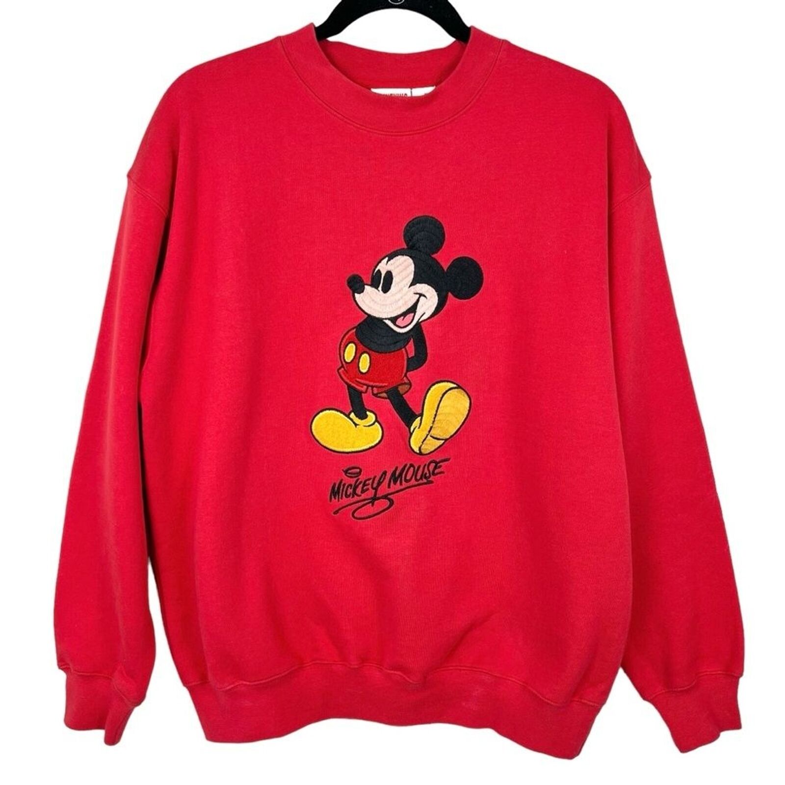 VINTAGE Disney Mickey Inc Embroidered Sweater Sz M Red Crew Pullover Knit 90s