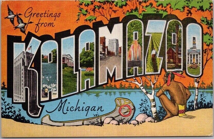 1940s KALAMAZOO Michigan Large Letter Postcard Indian Scene / KROPP Linen Unused