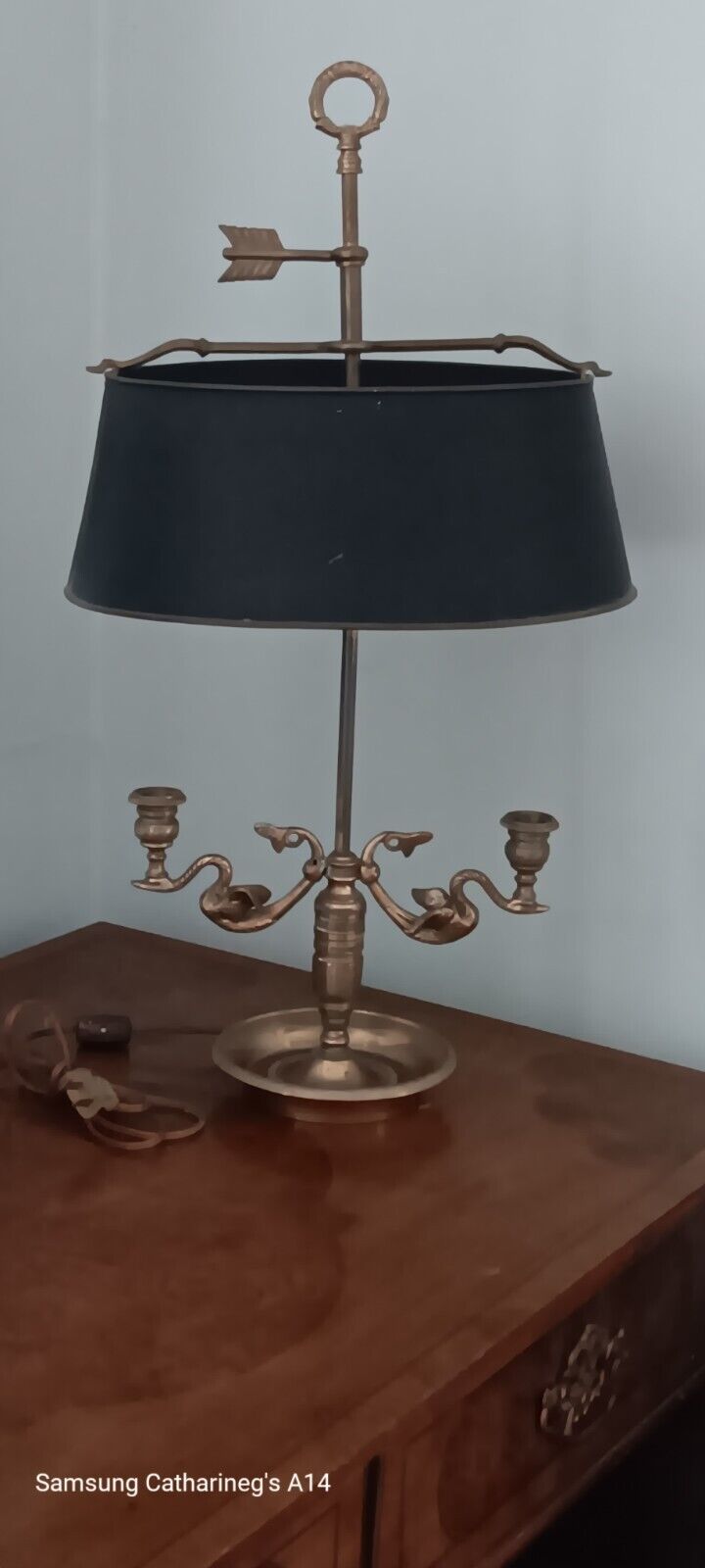 Vintage French Bouillotte Lamp with Swan Arms and Tole Shade