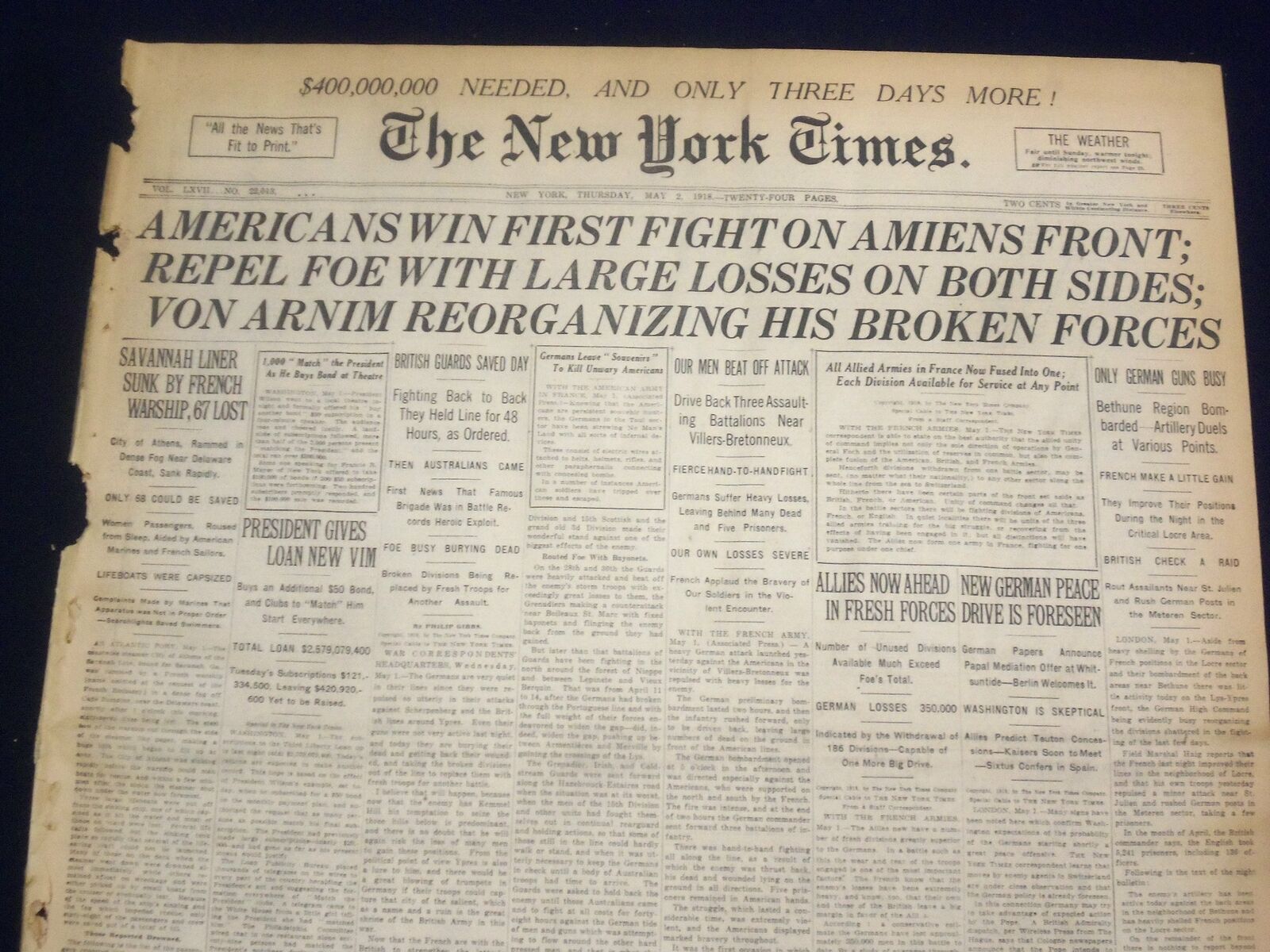 1918 MAY 2 NEW YORK TIMES - AMERICANS WIN FIGHT ON AMIENS FRONT - NT 8169