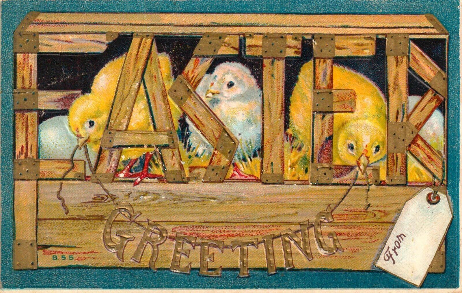 Easter Greeting Chicks in Crate Embossed Vintage Postcard C1910