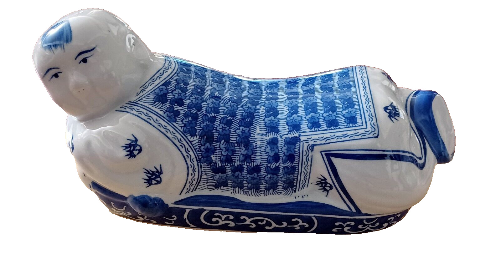 VTG Chinese DeChang Taoci Opium Pillow Chinoiserie Blue & White Ceramic Statue