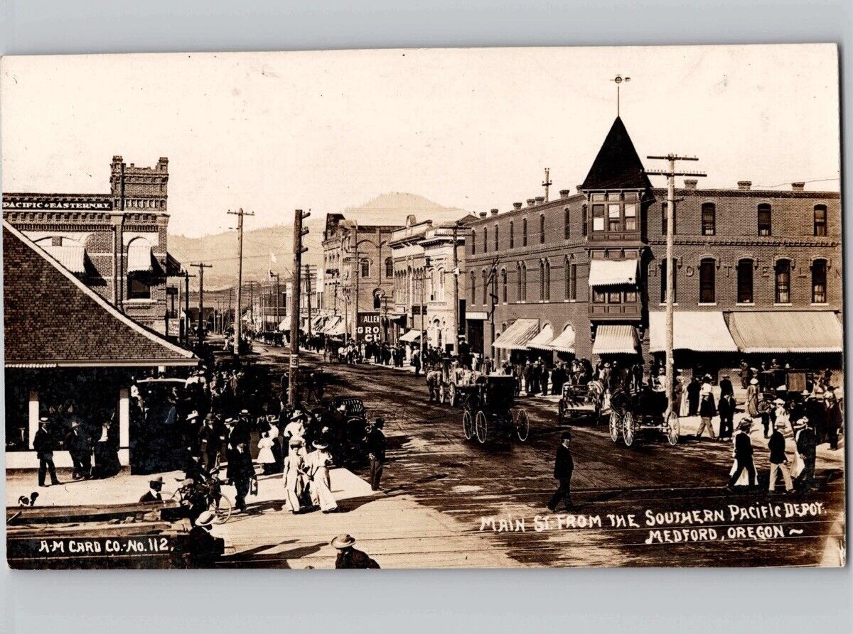 c1915 Main Street From Southern Pacific Depot Medford Oregon OR RPPC Postcard