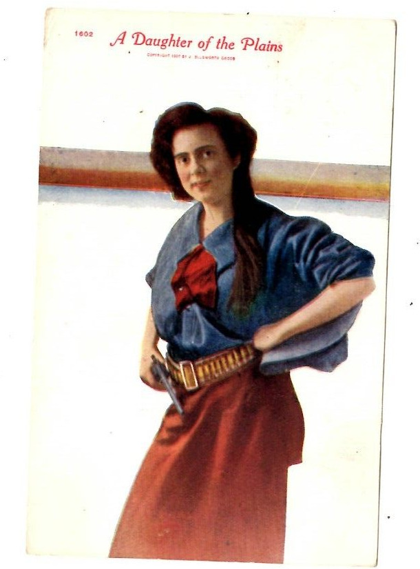 1911 A Daughter of the Plains Postcard Cowgirl w Revolver Holding Hat Gun Belt