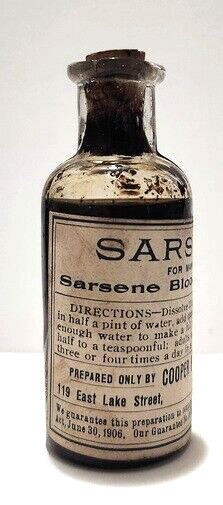 Antique Sarsene Blood Remedy Paper Label Bottle, 1906 Pure Food and Drugs
