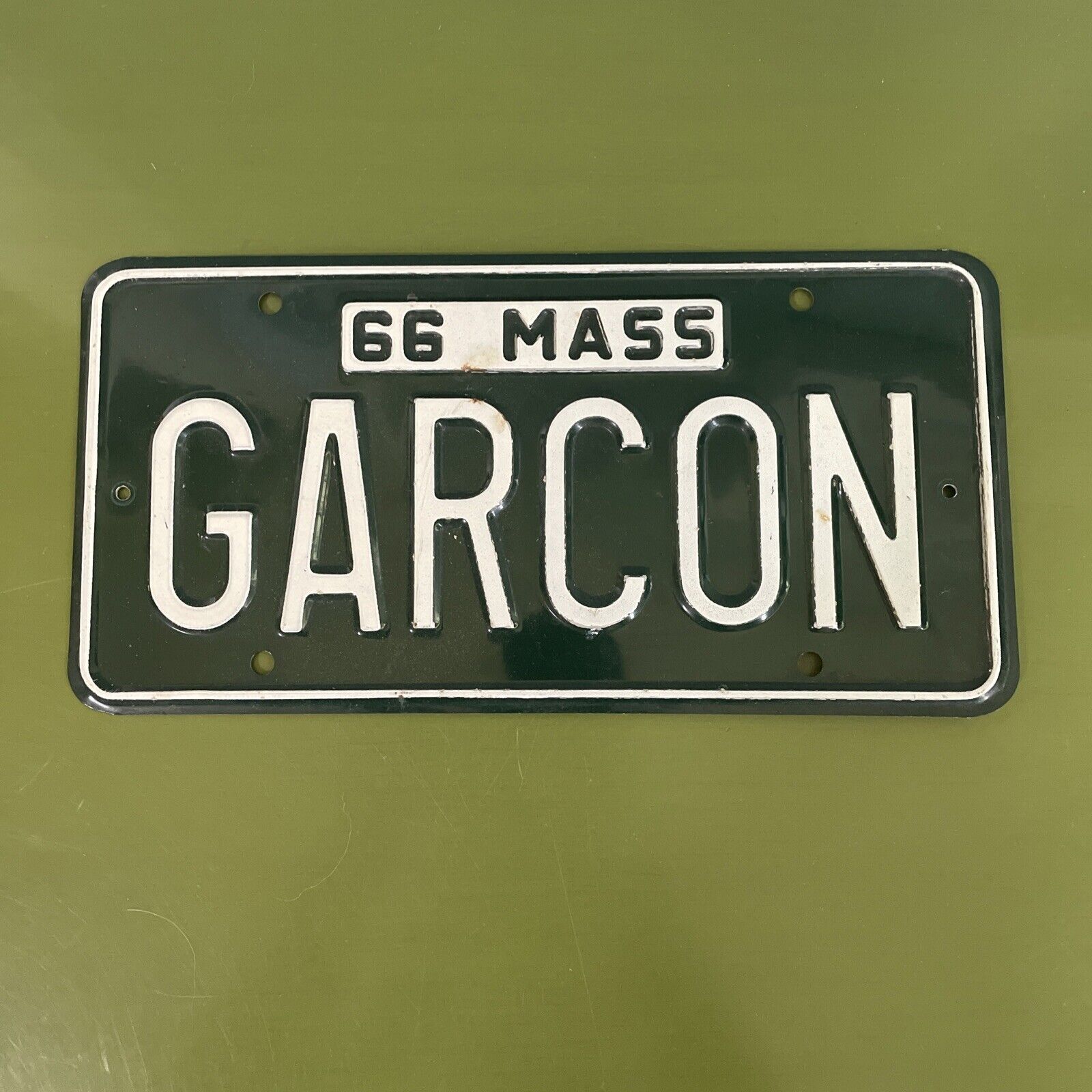 Vintage 1966 Massachusetts License Plate “GARCON” Mass MA Green Metal