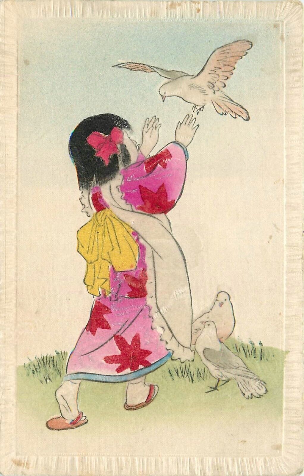 Postcard C-1910 Japanese hand colored art child with birds 24-5677