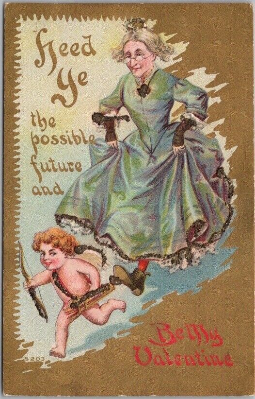 c1910s VALENTINE'S DAY Greetings Postcard Cupid Running from Old Maid / Glitter