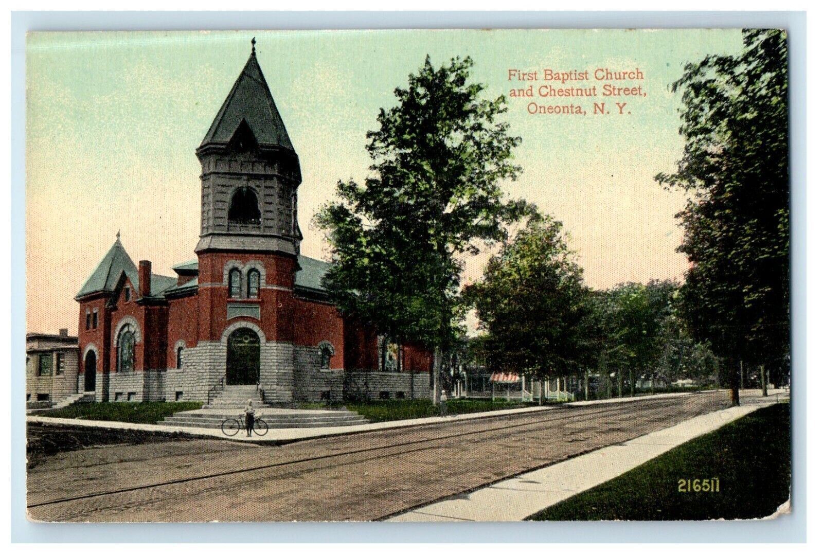 c1910's First Baptist Church And Chestnut Street Oneonta New York NY Postcard