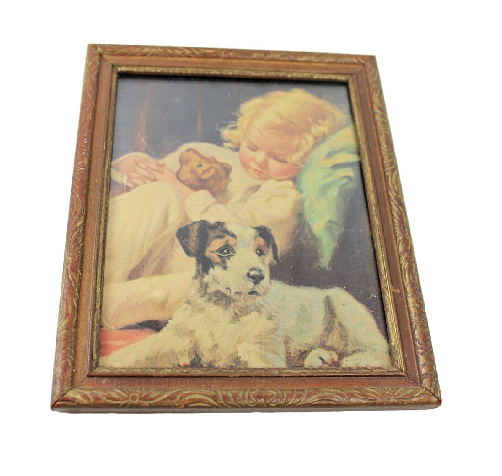 Vintage Adelaide Hiebel Framed Print Rags Dog on Guard Picture Barlow Co. 1930s