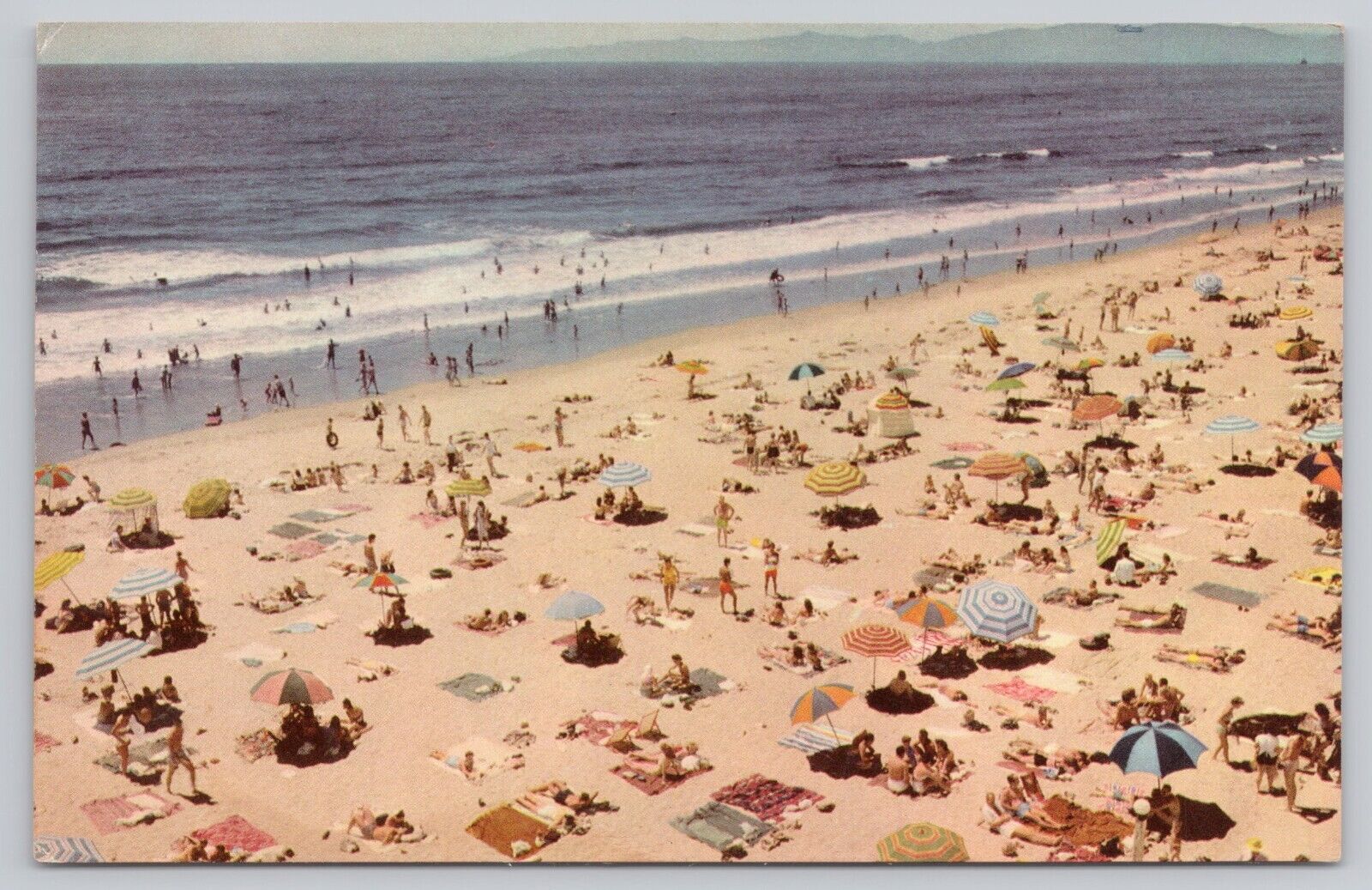 Santa Barbara California, Beach Sunbathers Umbrellas, Vintage Postcard