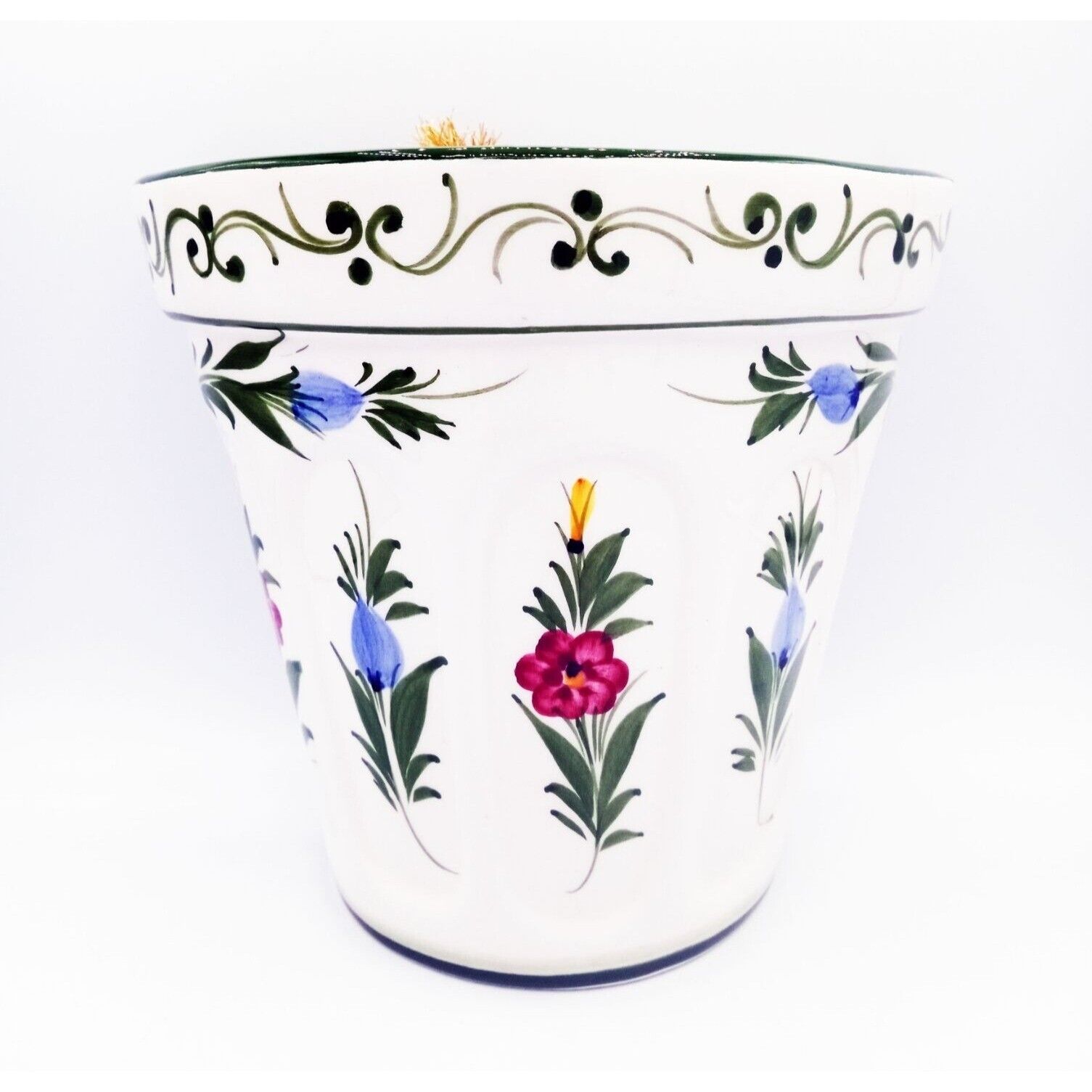 Wall Pocket Hand Painted Ceramic Indoor Planter Floral Vintage Portugal 7 Inch