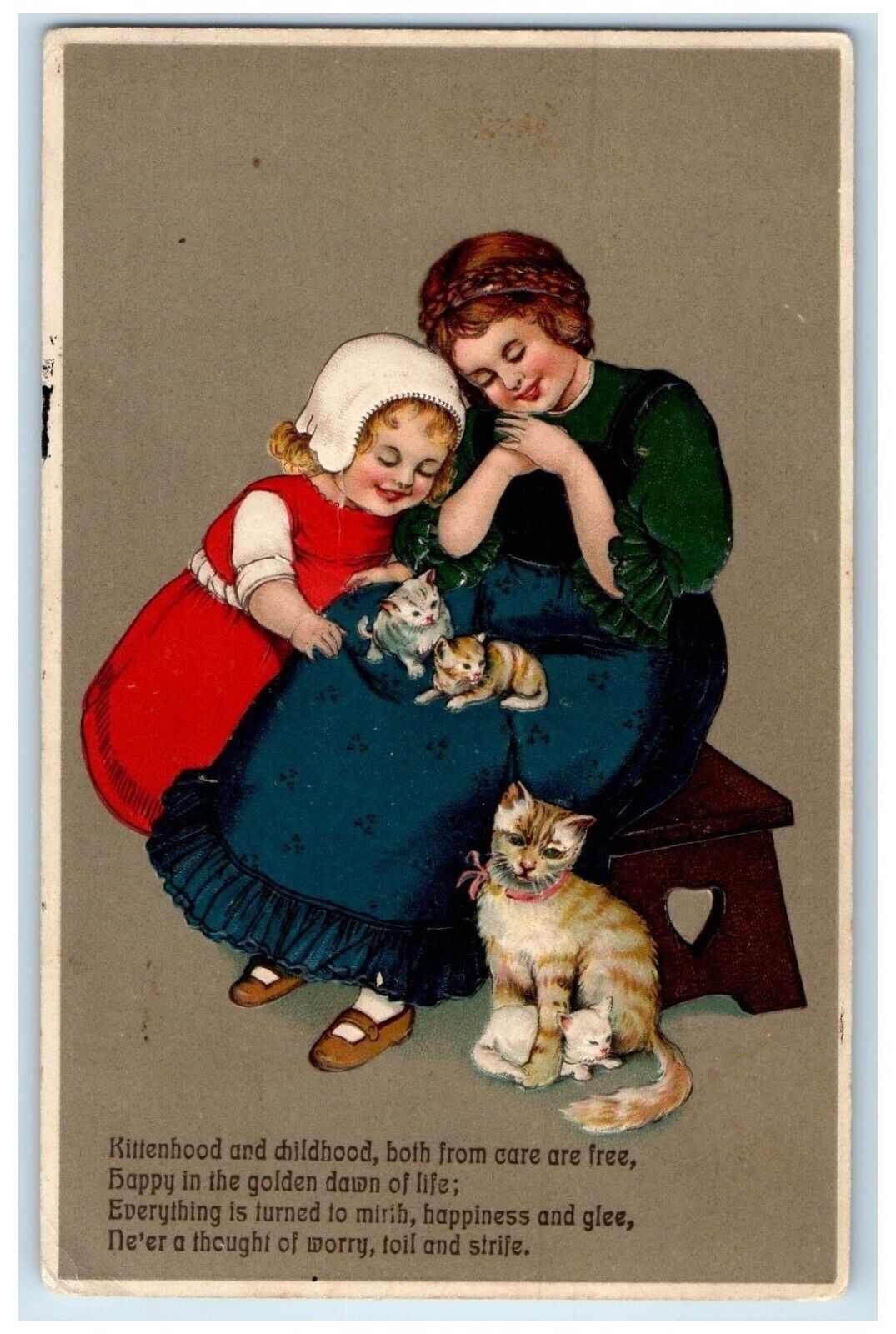 c1910's Girls With Cute Cat Kittens On Her Lap Embossed Trade Lake WI Postcard