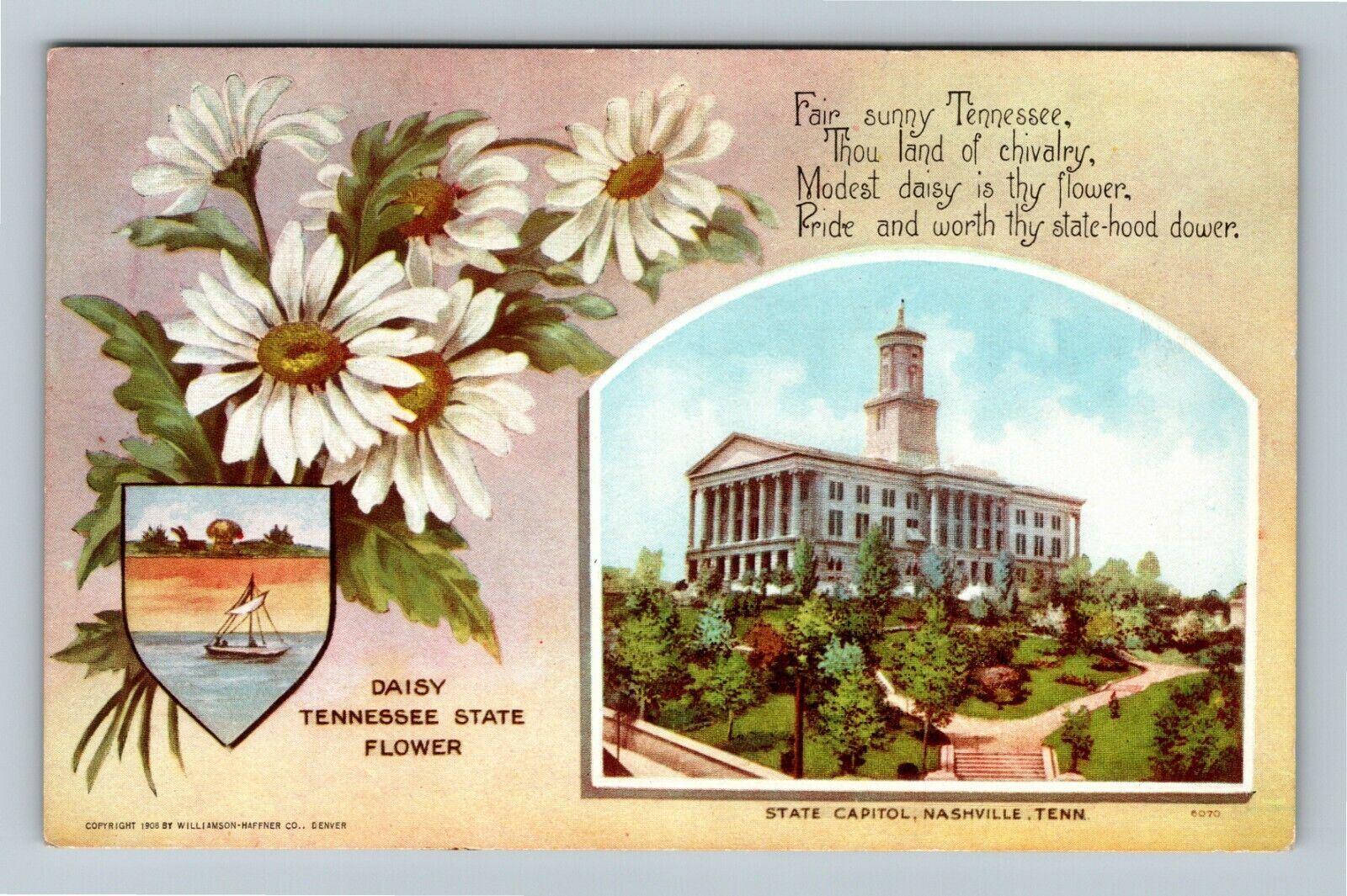 Nashville TN-Tennessee, State Capitol, State Flower Vintage Souvenir Postcard