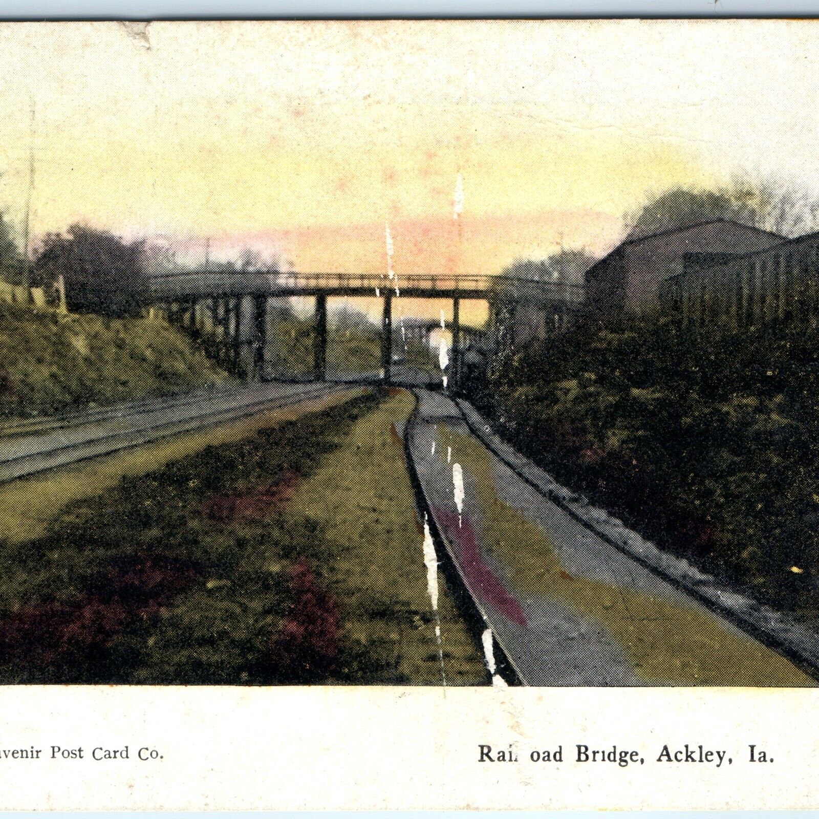 c1910s Ackley, IA Railroad Bridge Train Souvenir Postcard Iowa Falls Color A172