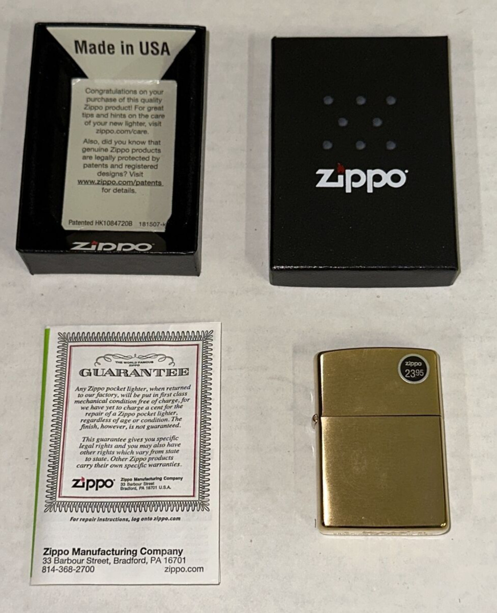 Zippo 204B Gold Brass Lighter Case + Box + Papers No Insert Retail $21.95 USA