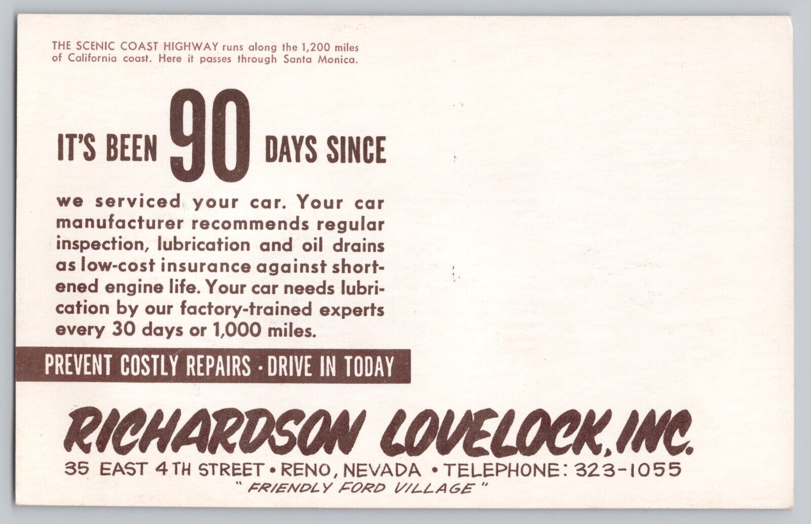 Richardson Lovelock Ford Dealership Postcard Service Reminder 1940s Reno Nevada