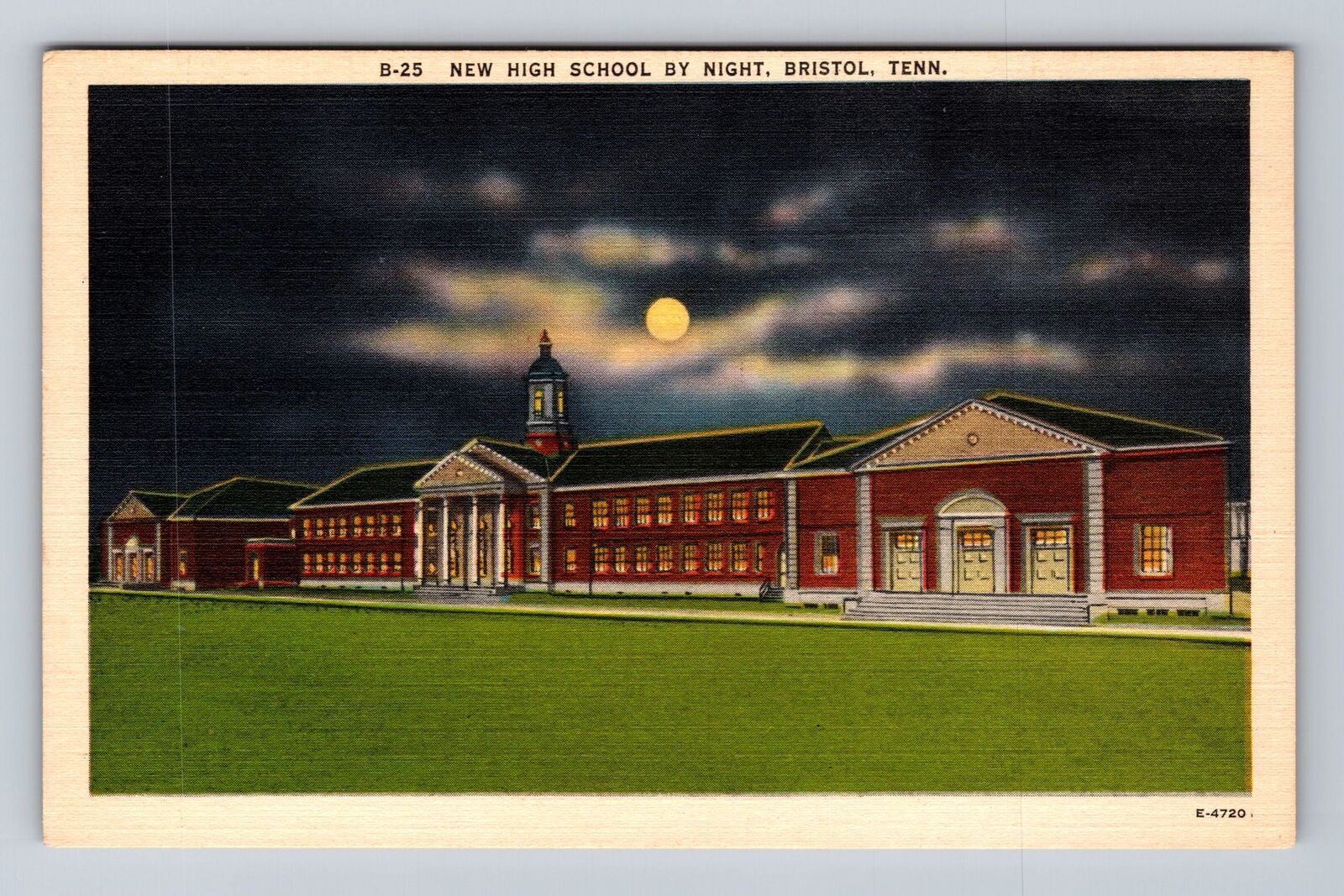 Bristol TN-Tennessee, New High School By Night, Antique Vintage Postcard