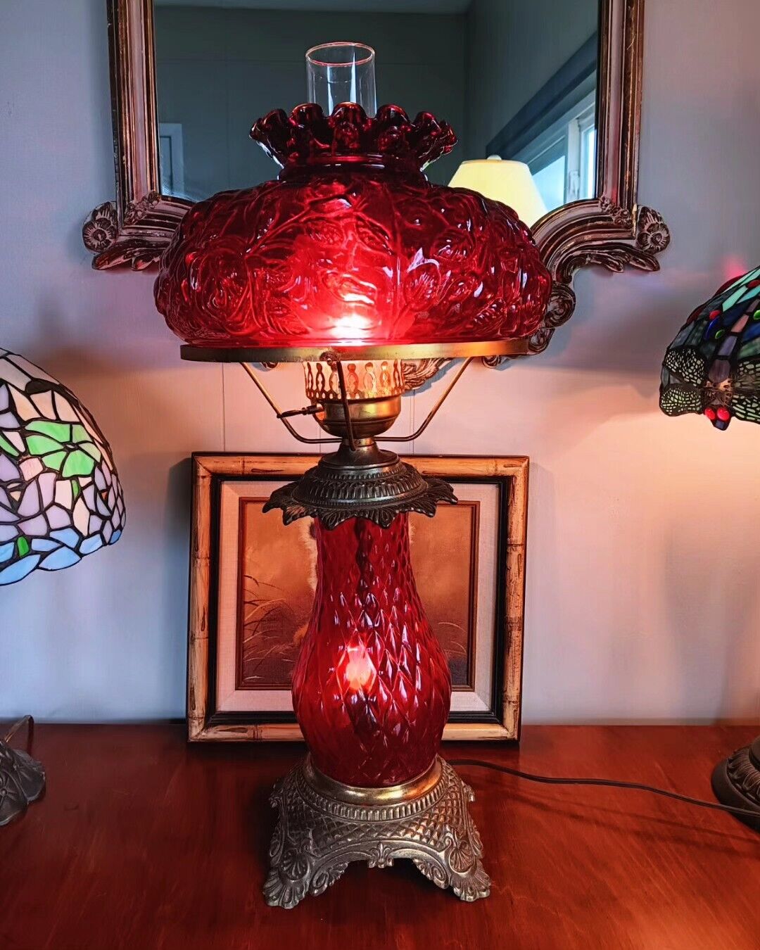 Vintage Floral Gone With The Wind Ruby Red Hurricane Glass Lamp Brass Metal 26\