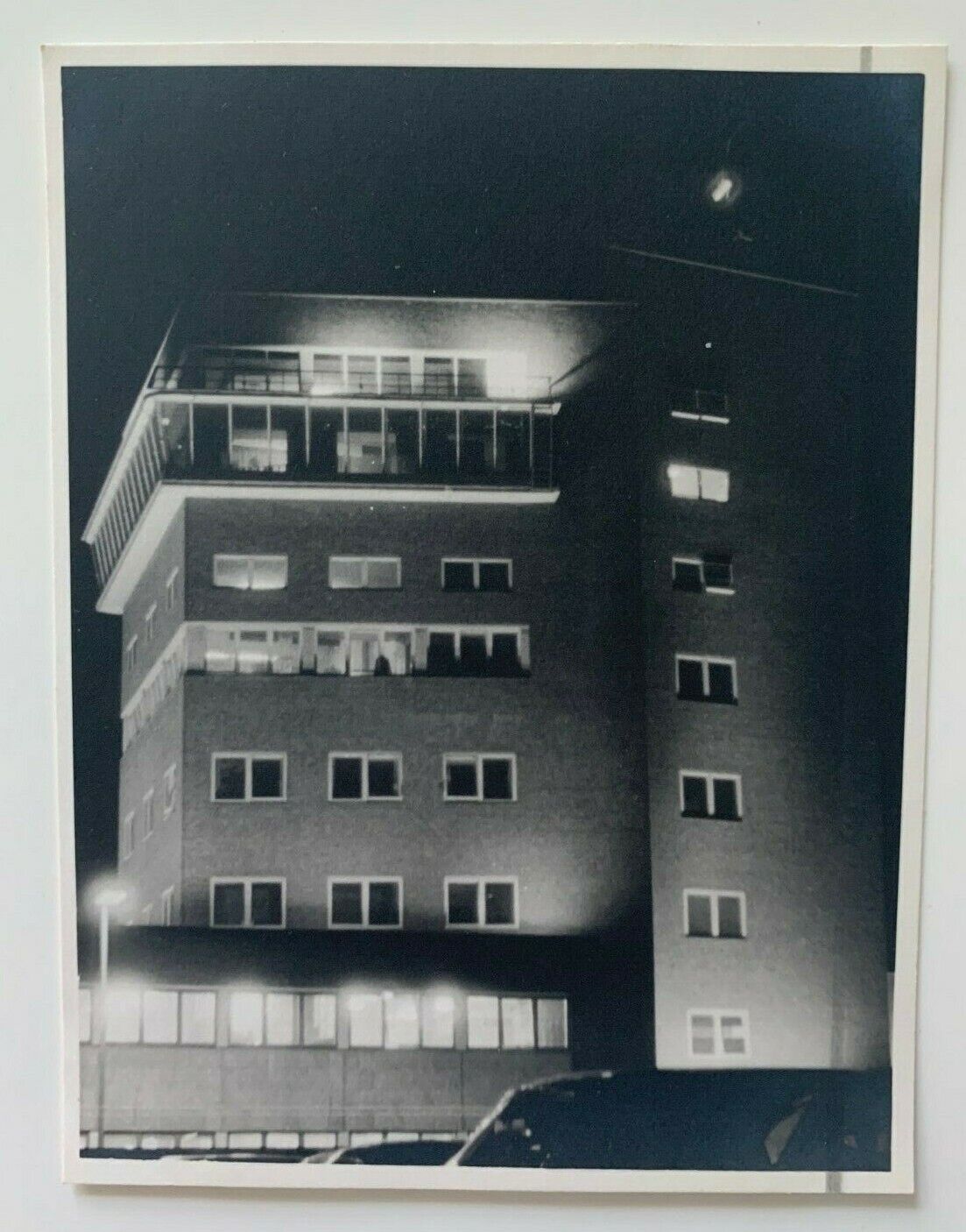 Vtg 1959 3x4 B&W Photo England London Central Airport Tower building at night