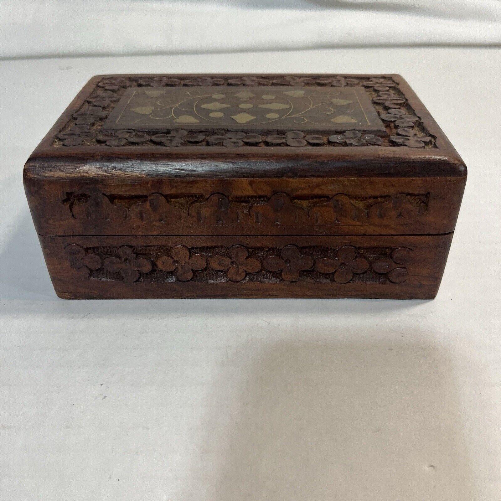Vintage Hand Carved Floral Inlay Lined Wooden Jewelry Box India Storage Box
